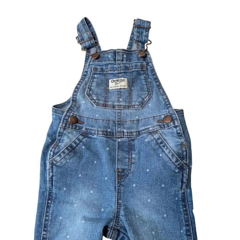 OshKosh B'Gosh Overalls, size 12 Months; Blue Denim with White Polka dots